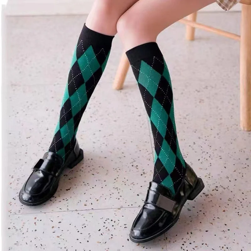 Vintage Women Knee High Cotton Long Socks Fashion Lolita Stockings Ladies Korea Style Rhombus Pattern Warm Calf Socks