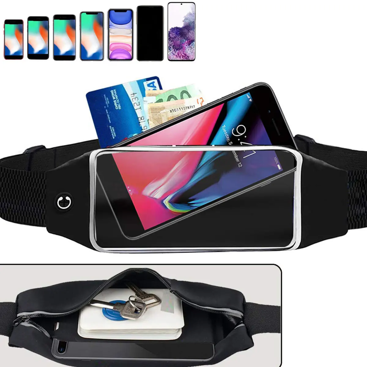 Touchable Running Waist Bag with Headphone Jack, Sweat Proof Invisible Lightweight Phone Bag, Close Fitting Casual Sports Bag