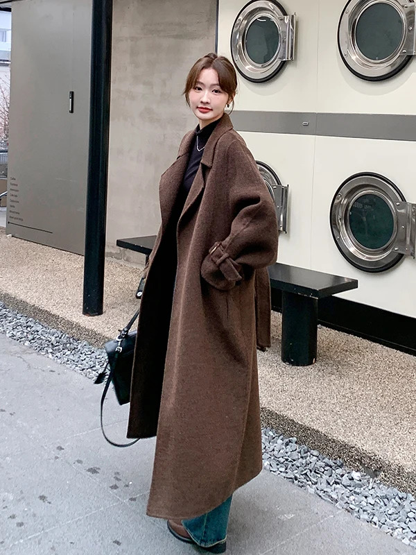 

Премиальное шерстяное пальто женское длинное двустороннее из шерсти, осенне-зимнее, новое, цвет кофе, теплое, для повседневной носки, в корейском стиле