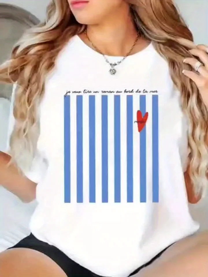 Lichtblauw gestreept patroon bedrukt zomer-T-shirt voor dames ronde hals korte mouwen casual dames-T-shirtkleding