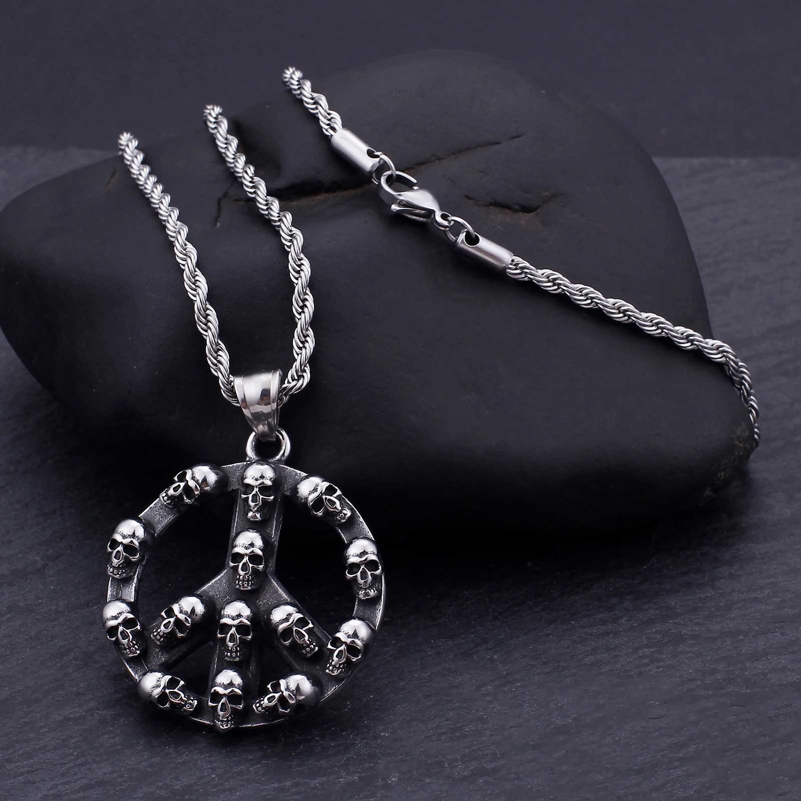 Fongten Dark Spider Skull Stainless Steel Pendant Necklace Hip Hop Fried Dough Twists Chain Fashion Jewelry Party Halloween Gift