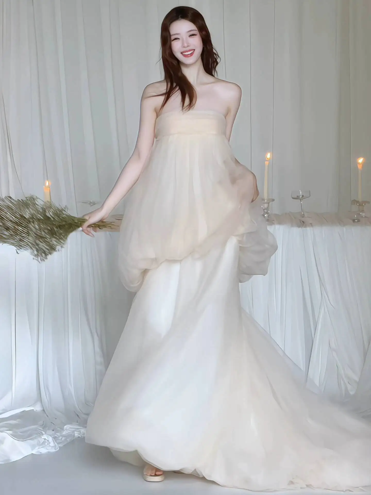 Morning Robe For Female Brides, Forest-style, Ultra-fairy, Strapless, High-end, With A Train, Perfect For Welcoming Guests And