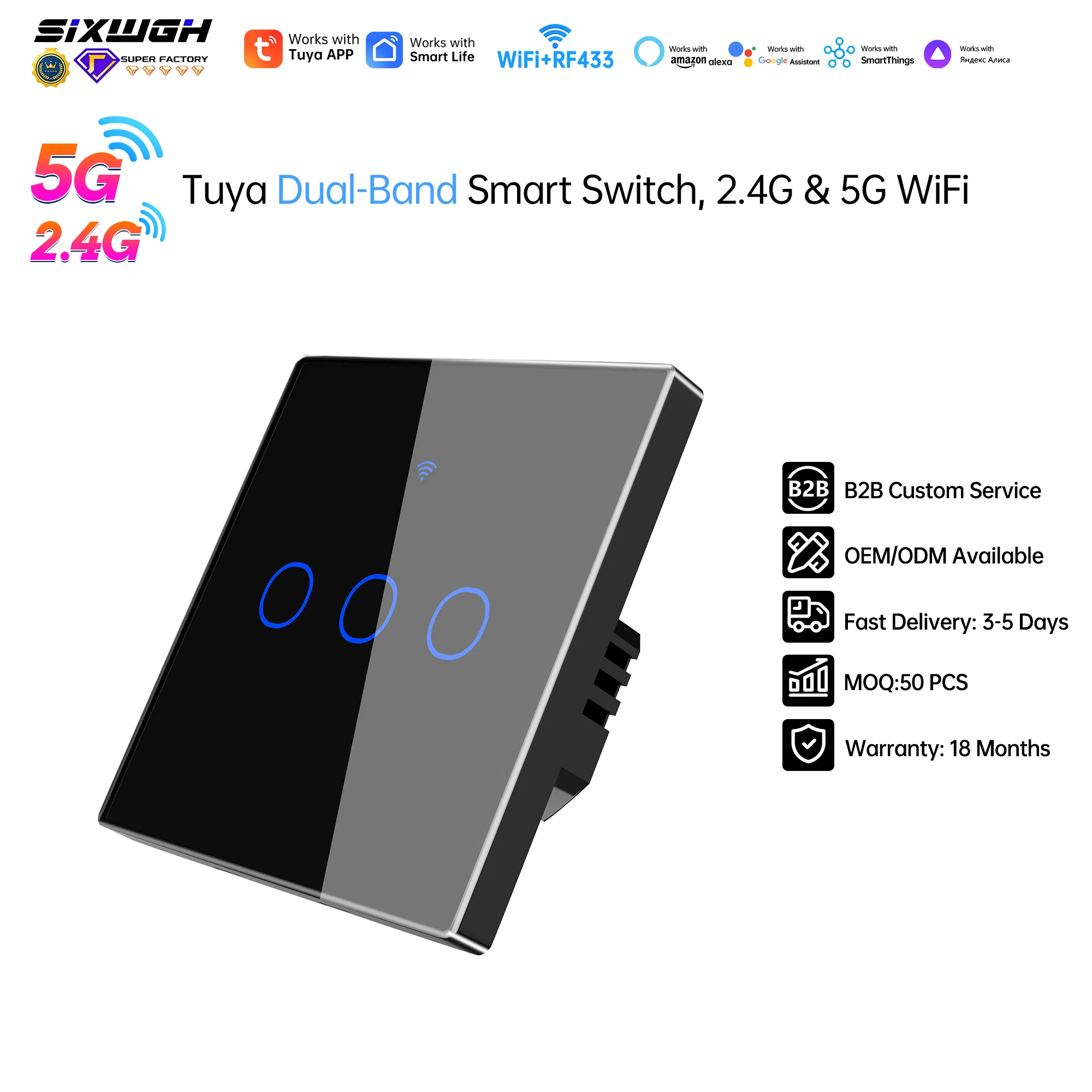 Tuya WiFi Smart Touch Switch 2.4G+5G Dual Band Glass Panel Alexa Google Voice Control Remote Timer Scratch Resistant Easy Clean