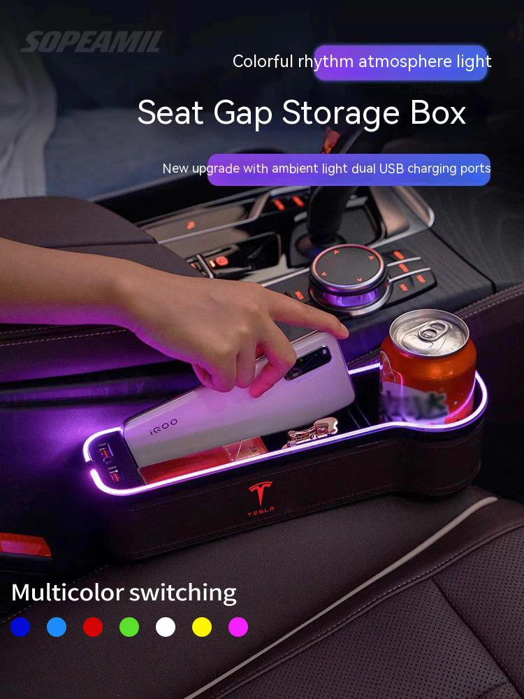 

For Tesla Model 3 Model Y Model S Model X Roadster Car Seat Crevice Storage Box USB Charging Seat Gap Slot Cup Holder Mood lamp
