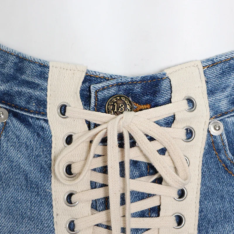 ANJY Estate Nuove Donne Chic Y2K Streetwear Vintage Diatressed Patchwork Croce Cravatta Personalità Della Moda Sexy Denim Hot Shorts A7150