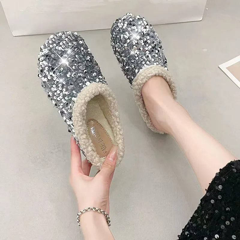 2026 Winter sequined cotton slippers fashionable, beautiful with unique style comfortable and casual flat shoes for women