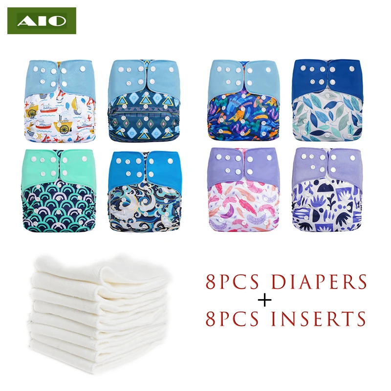 AIO 8 diapers+8 Inserts Baby Cloth Diapers One Size Adjustable Washable Reusable Cloth Nappy For Baby Girls and Boys