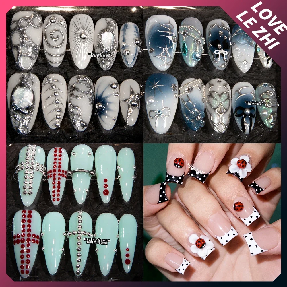 

10Pcs Spicy Girl Handmade Square Almond Wearable Press On Nails Colorful Cat Eyes Butterfly Bowknot Rhinestone Full Cover Nails