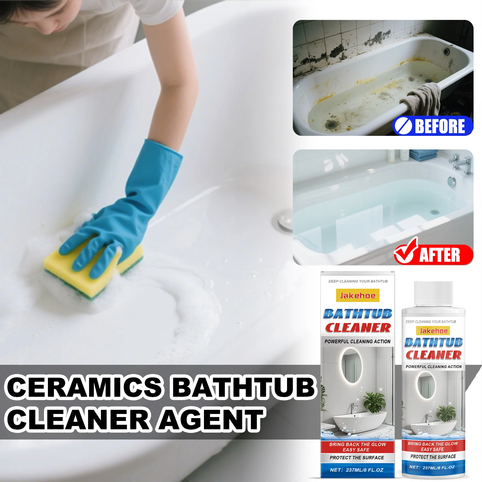 JAKEHOE 237ml Bathtub Cleaner Ceramics Cleaning Agent for Toilet Bowl Sink Tiles Quickly Dissolve Stubborn Stains Remove Scale