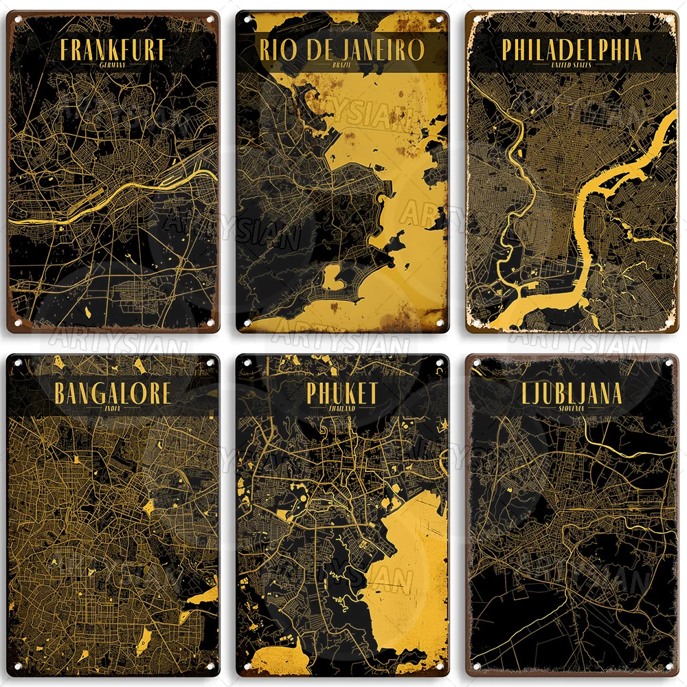 Black Gold City Map Tin Sign Berlin Vienna Seoul Boston Las Vegas Frankfurt Houston Hamburg Mumbai Metal Plaque Wall Decor