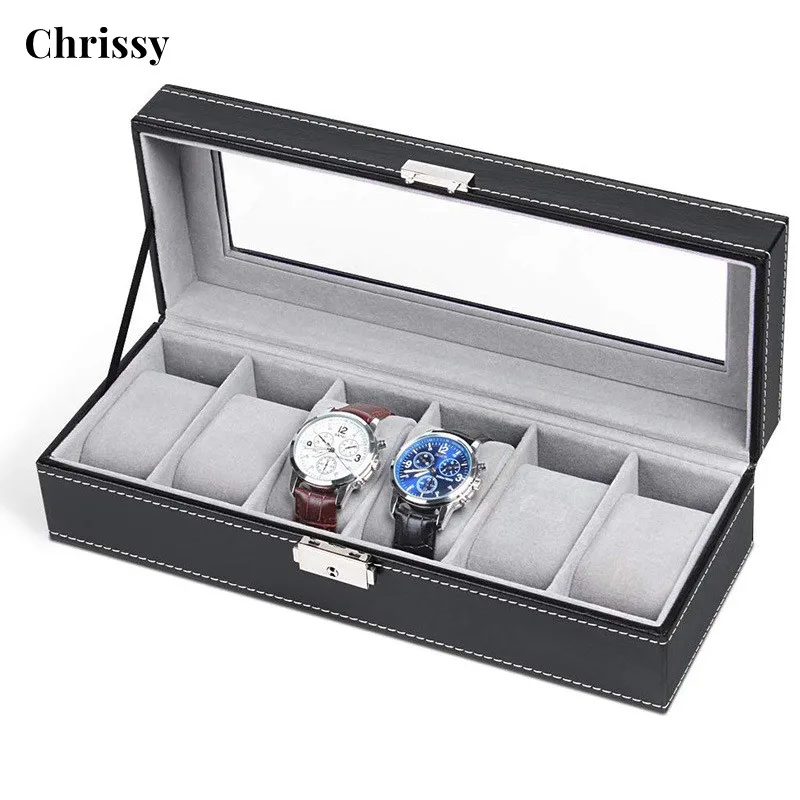 

6 Grids PU leather Eyeglasses Storage Box Sunglasses Glasses Display Case Travel Jewelry Organizer Container Transparent Lid