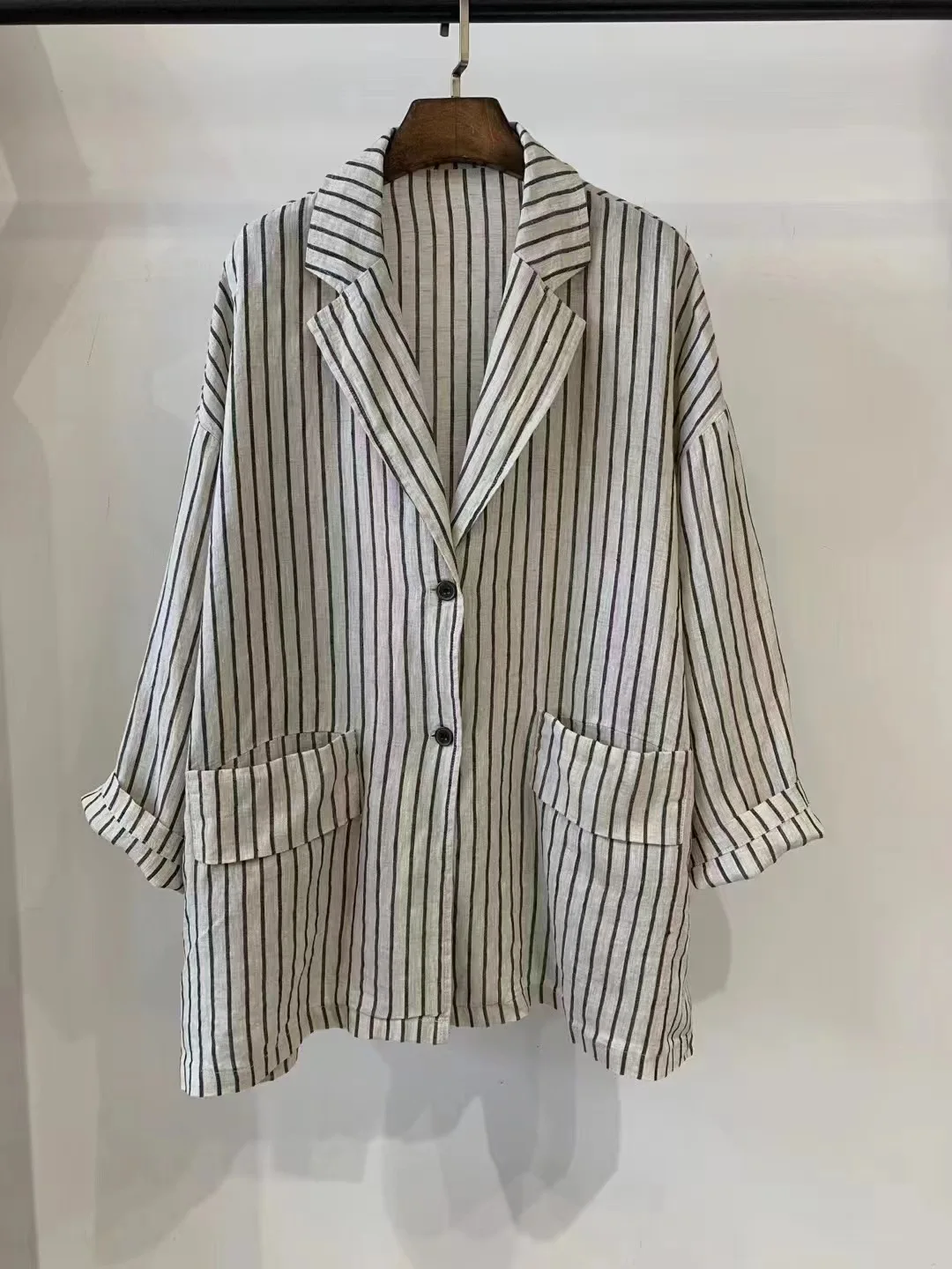 SuperAen Retro Striped Elegant Cotton and Linen Women Spring and Autumn New Japan Style Loose Casual Simple Notched Suit Jackets