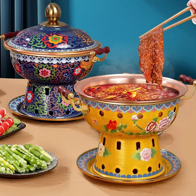 Thickened Pure Copper Hot Pot with Alcohol Stove Enamel Coated Small Soup Pot for One Person Household Commercial Use Eco