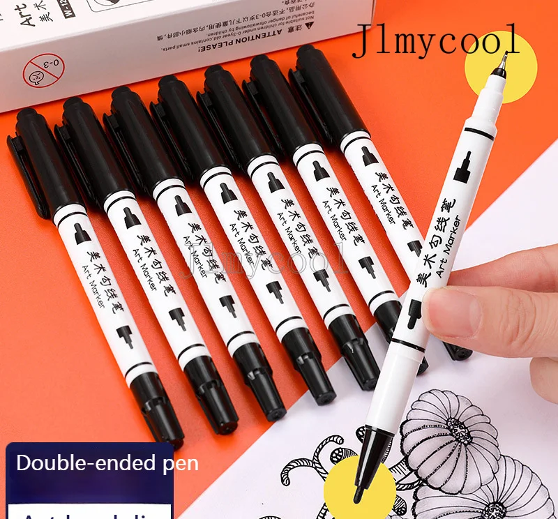 

10PCS #122 Art Hook Pen Water-based Small Double-ended Marker Black Marker Painting Student Art Stroke Does Not Fade