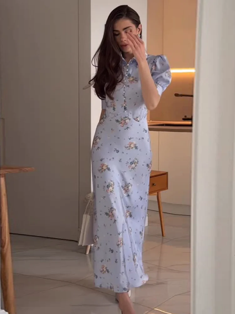 Chic Print Deep V-neck Midi Dress Women Pleat Puff Sleeve High Waist Party Dresses 2026 Summer Autumn Holidays New Lady Robes
