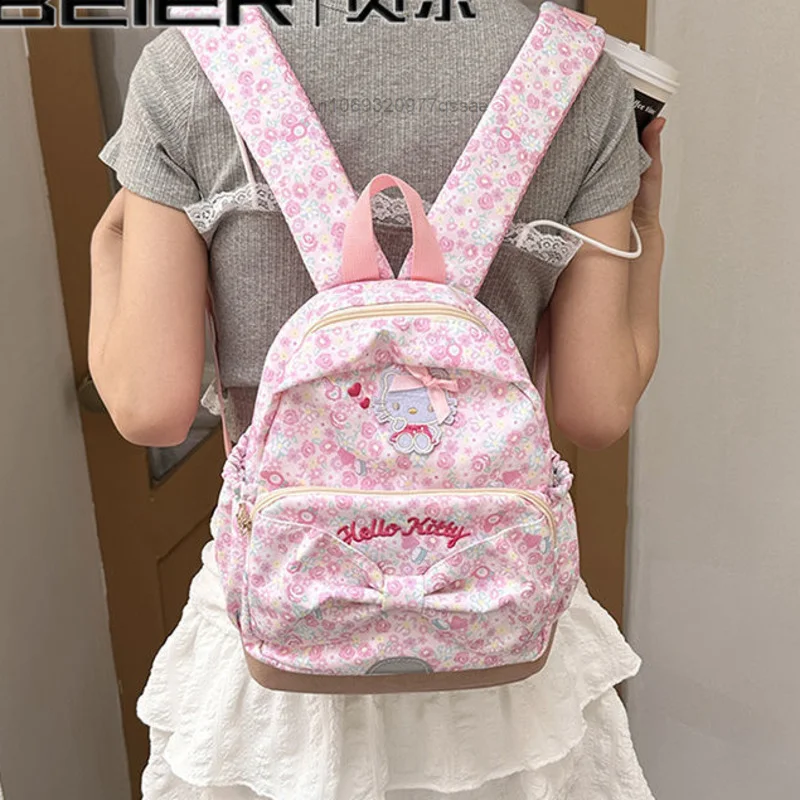 12 inch Hello Kitty Flower Cartoon Melody Backpacks Y2k Sanrio Sweet Cute Girl Embroided Schoolbags Zipper Backpack for Women