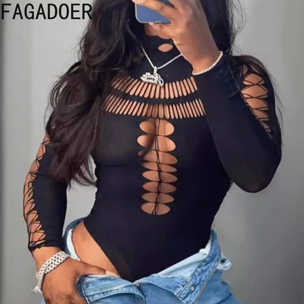 

FAGADOER Black Sexy Thick Lace Hollow Out Slim Bodysuits Women O Neck Long Sleeve Elasticity Rompers Fashion Solid Hole Jumpsuit