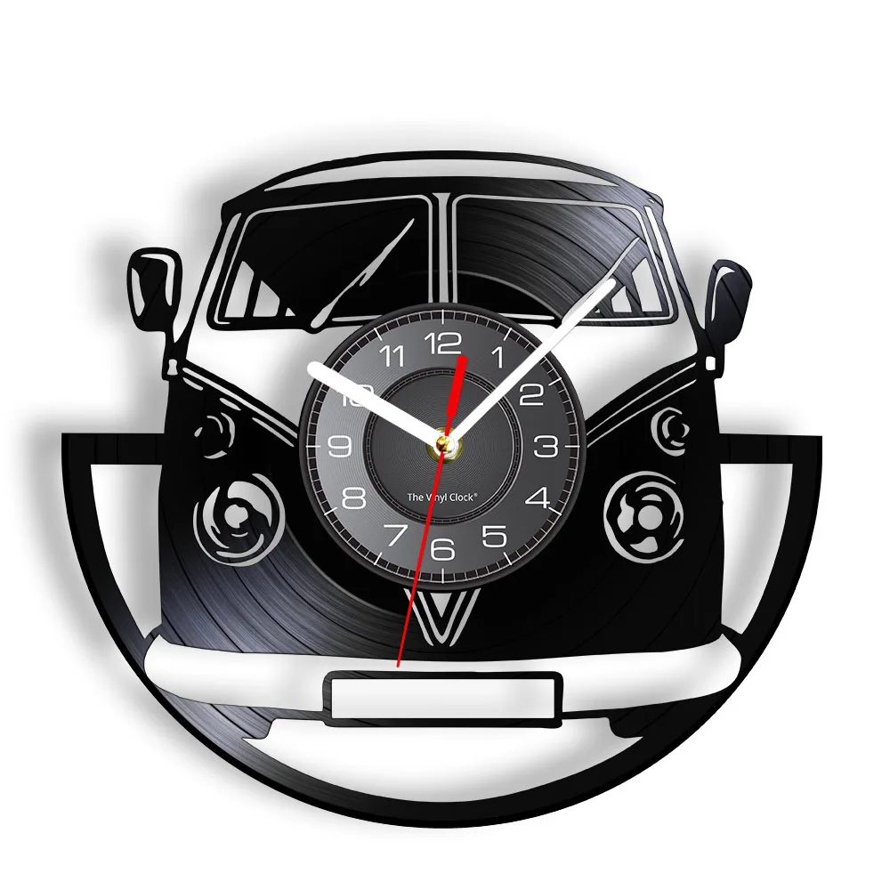 Minibus Vintage Vinyl Record Wall Clock Van Vehicle Traveling Car Laser Etching Wall Watch Home Decoration with LED Light Crafts