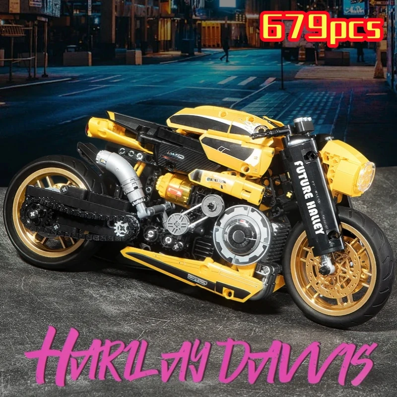 

679PCS Technical Cyber High Tech Motorcycle 1:8 Model Building Block Speed Motorbike Locomotive Bricks Toys Gift For Adult Kids