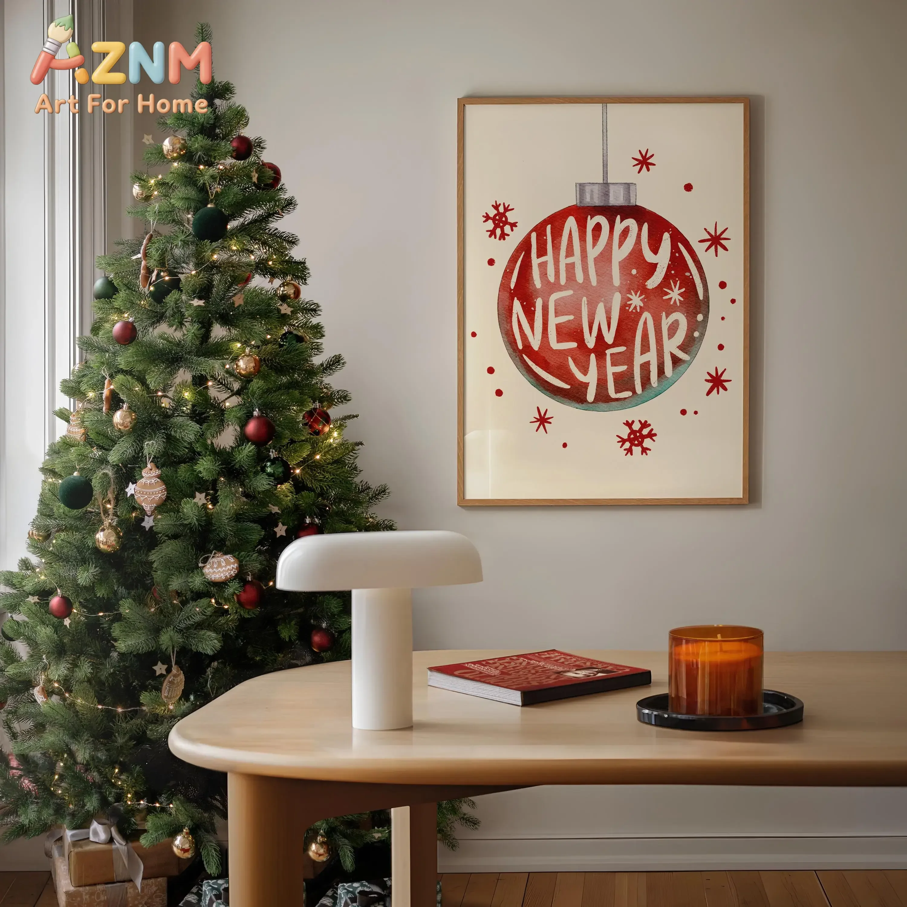 AZNM Happy New Year Canvas Wall Art Red Christmas Bauble Snowflake Hand Lettered Print Poster Festive New Year Quote Art for Hol