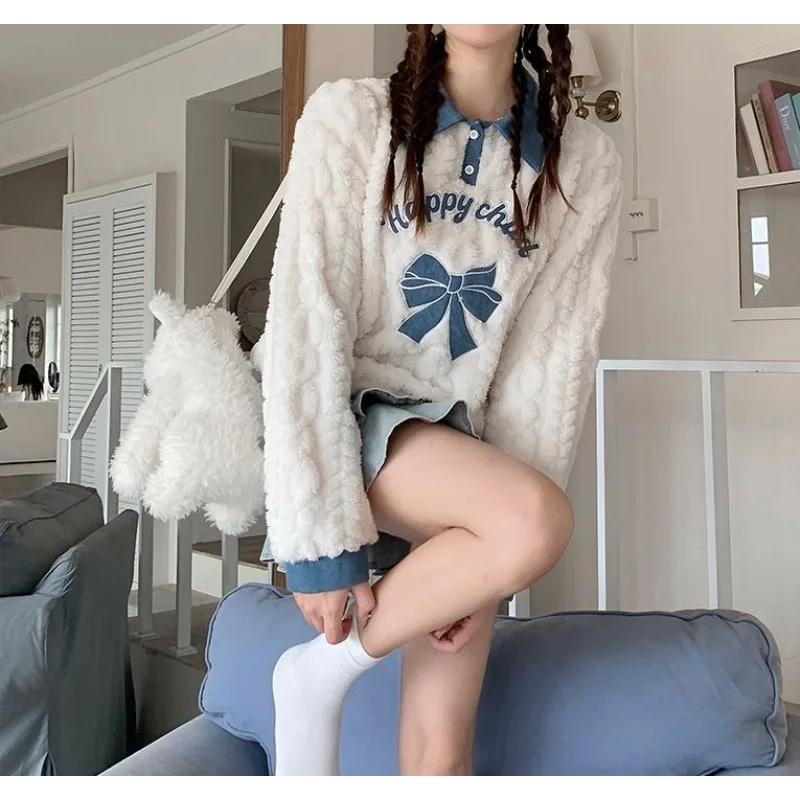 Top color albicocca in peluche da ragazza cremosa per donna, cappotto con risvolto caldo con design bowknot autunnale e invernale