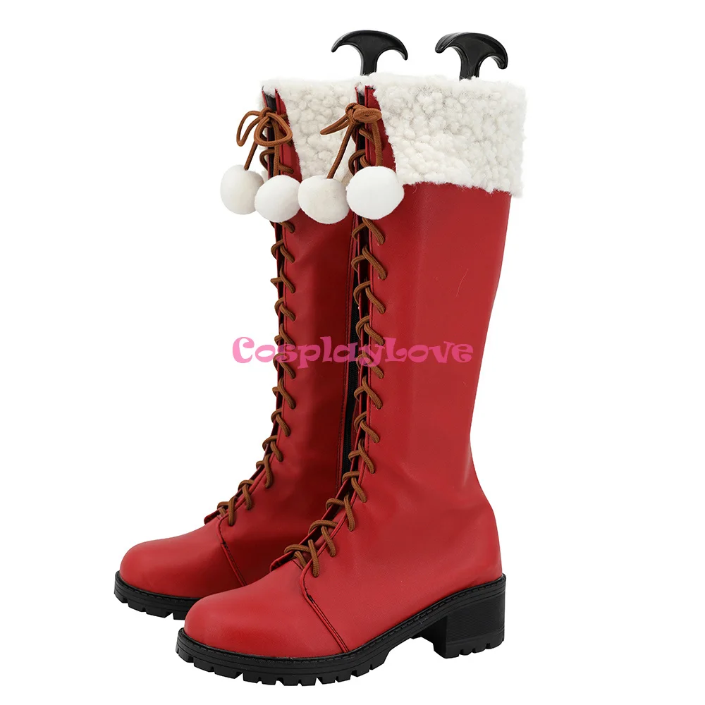 CosplayLove OW GAME DAV NATALE ROSSO Coslay Scarpe Stivali lunghi in pelle realizzati su misura