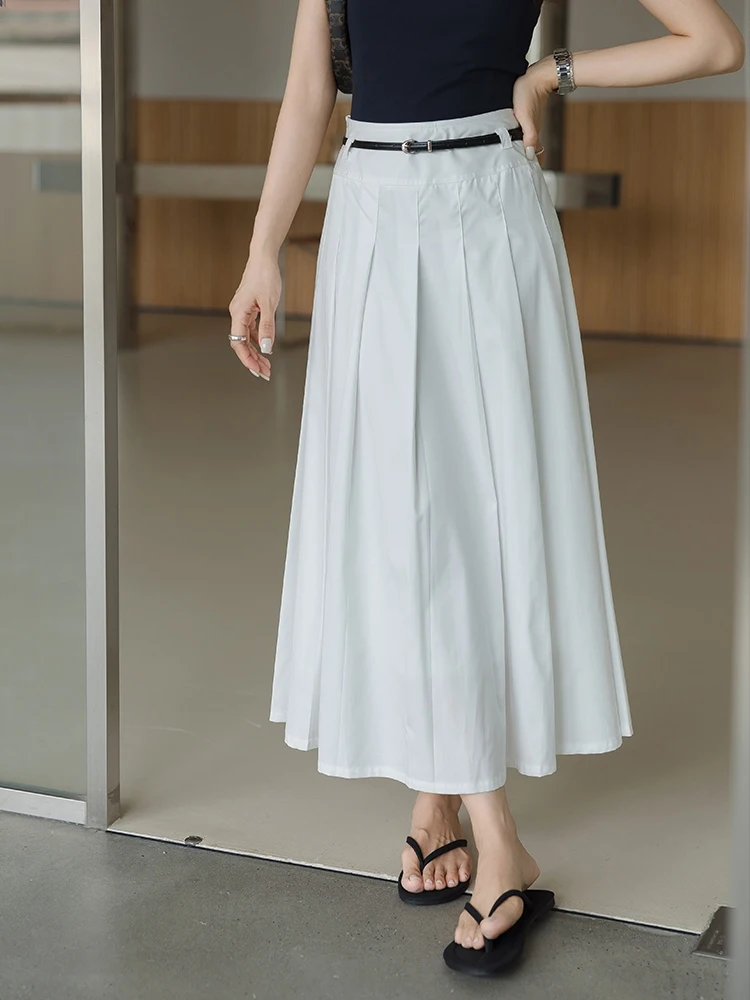 

Юбка А-силуэта с высокой талией, женская летняя повседневная плиссированная юбка из смесового шелка, белая, для офиса, с высокой талией