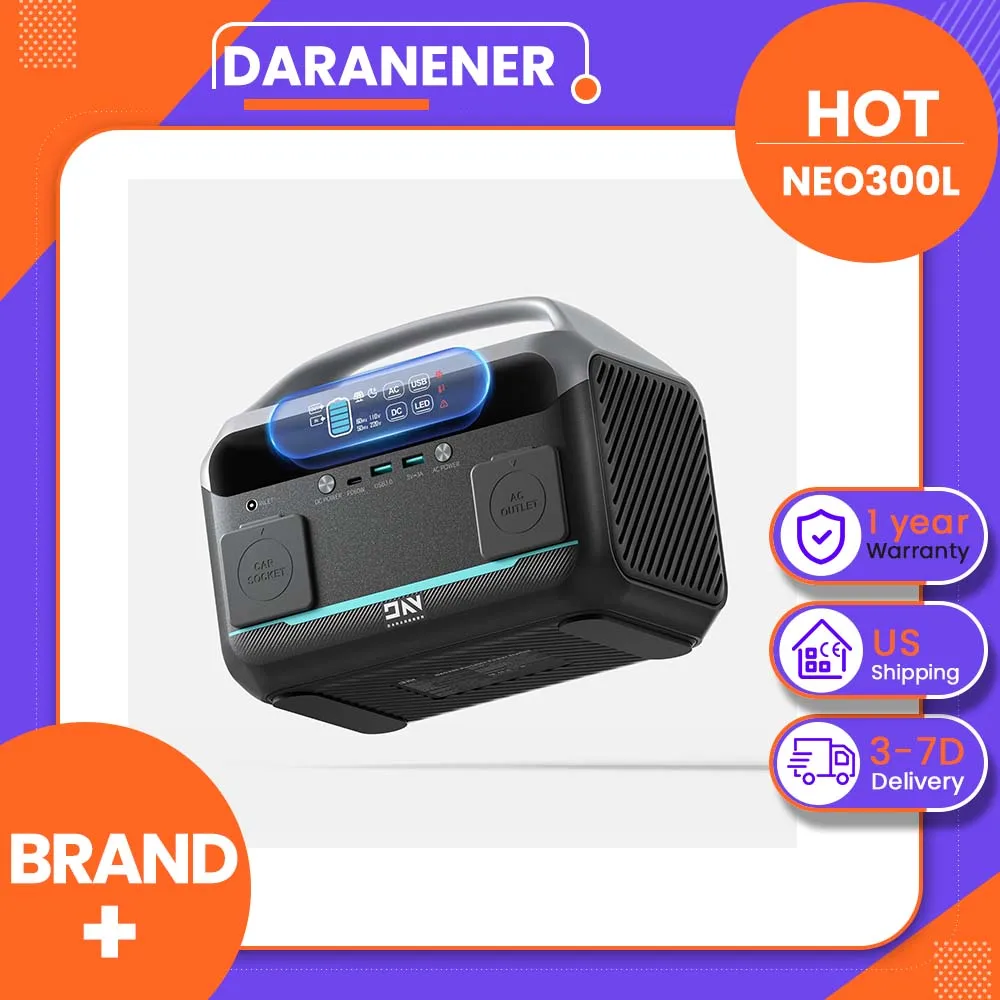 Daranener NEO300L 350W Portable Power Station, 288Wh LiFePO4 Battery, 600W Surge, 7-Port Fast Charging, PD 60W USB-C, 120W Car Socket, 100W Solar Input, 80% in 2H, LED SOS Light, Digital Display, Compact Solar Generator for Camping, RV & Emergency