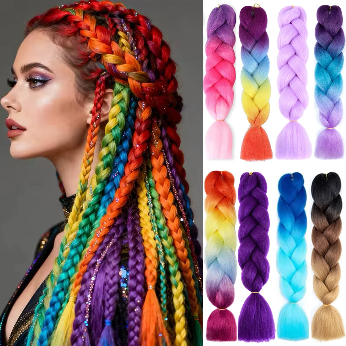 24Inch Synthetic Long Straight Yaki Braids Hair Ombre Braiding Hair Jumbo Rainbow Braid Hair Extension for Women DIY Hair