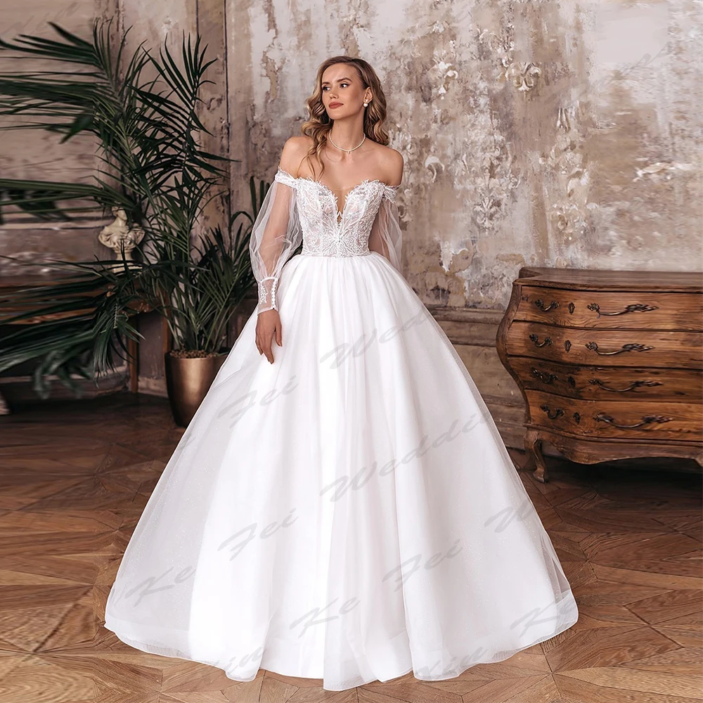 Gorgeous Satin New Wedding Dresses For Women Sexy Backless Off Shoulder Long Sleeves Fluffy Princess Style Mopping Bride Gowns