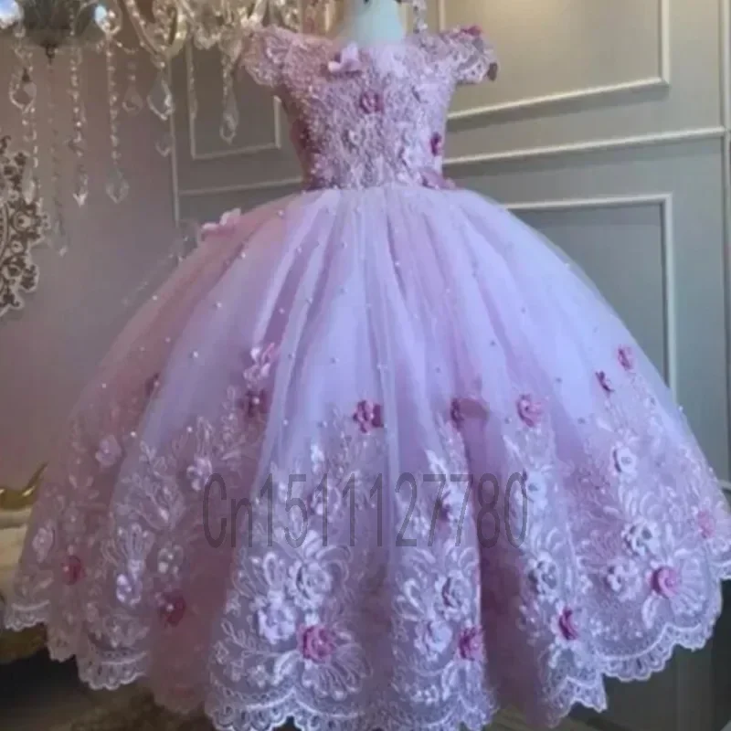 

Flower Girl Dress Bow Tiered Tulle Appliques Short Sleeves Baby Girl Kids Wedding Birthday Party Prom Cute Holiday Dress