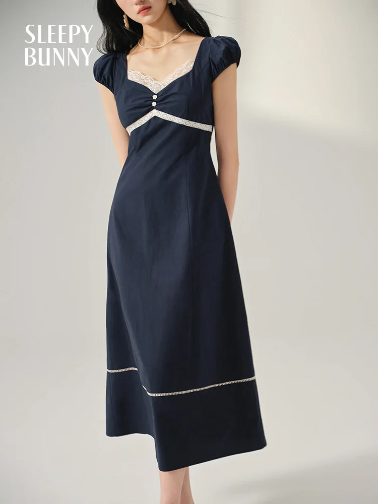 Lace Trimmed Sweetheart Neckline Dress for Women French Style Short Sleeve Tea Dress Elegant Retro Summer Long Dress Casual Look