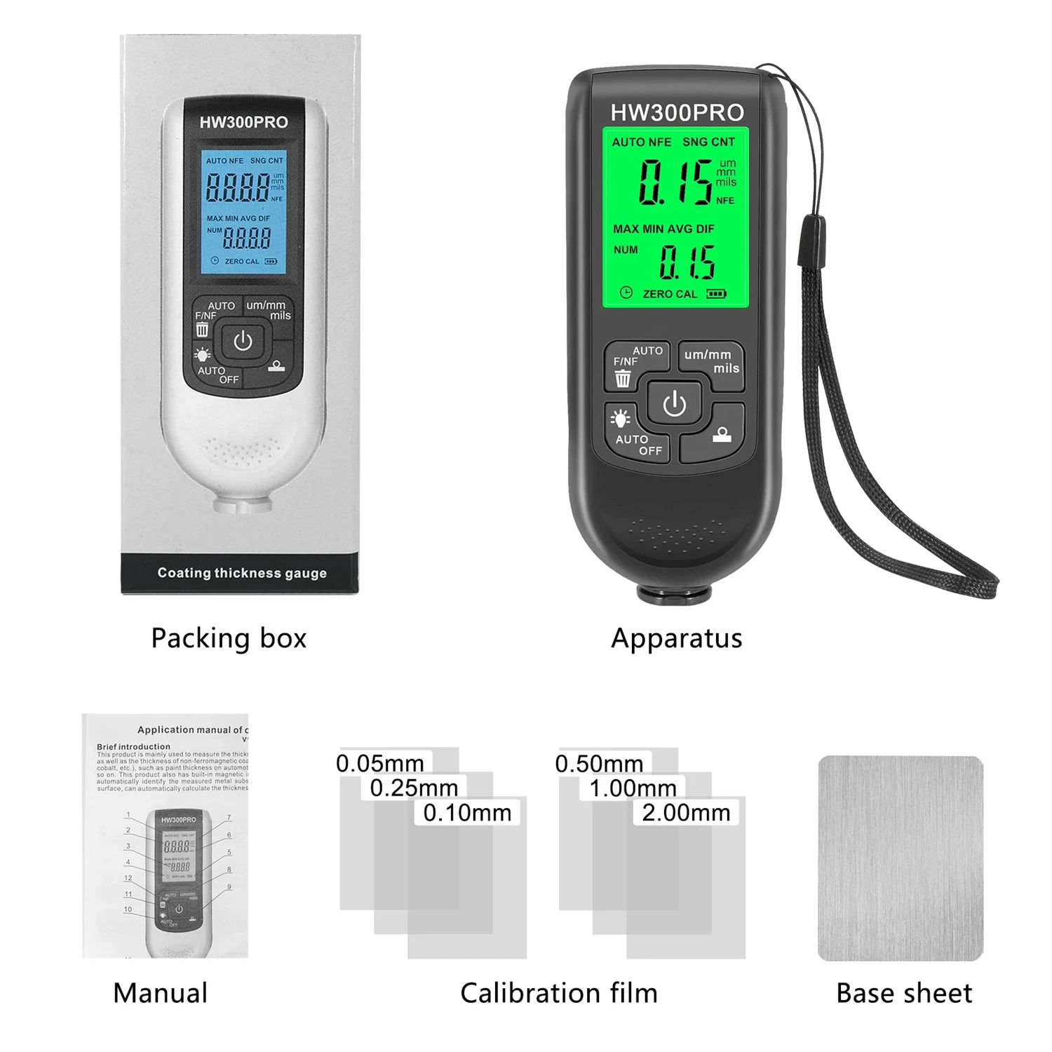 HW300PRO  Coating Thickness Gauge 0-2000um Car Paint Film Thickness Tester Measuring FE/NFE Russian Manual Paint Tool