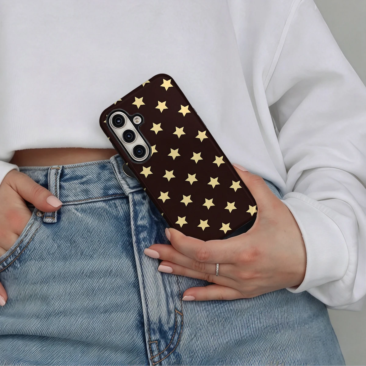 Brown Cream Large Stars Phone Case For Samsung Galaxy S26 S25 Ultra S24 S23 Plus Hard Shock‑Absorption 2-in-1Protective Cover