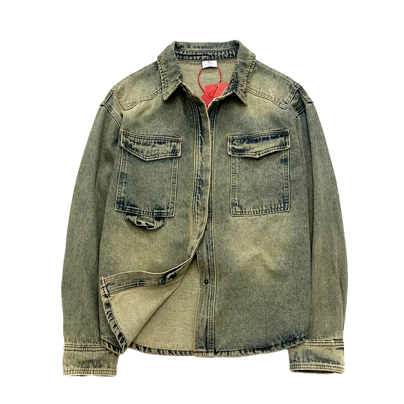 

American Retro Distressed Yellow Mud Washed Denim Jacket High Street Fashion Oversize Loose Workwear Jackets for Men Outwear