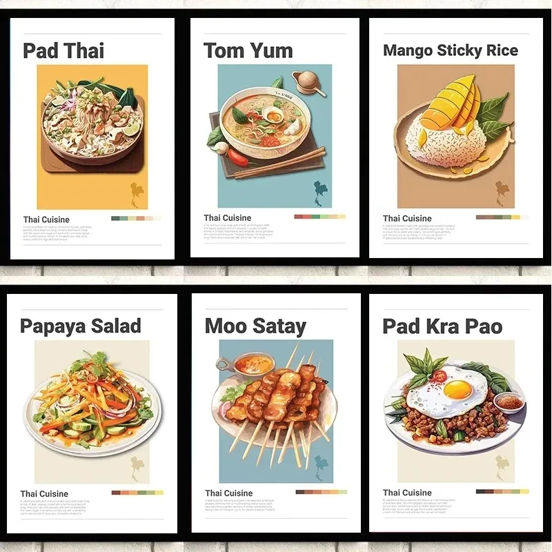 Curry amarillo Tom KhaThai Pad Tom Yum Mango, arroz pegajoso, comida tailandesa, cuadro sobre lienzo para pared, carteles para dormitorio, decoración moderna para el hogar