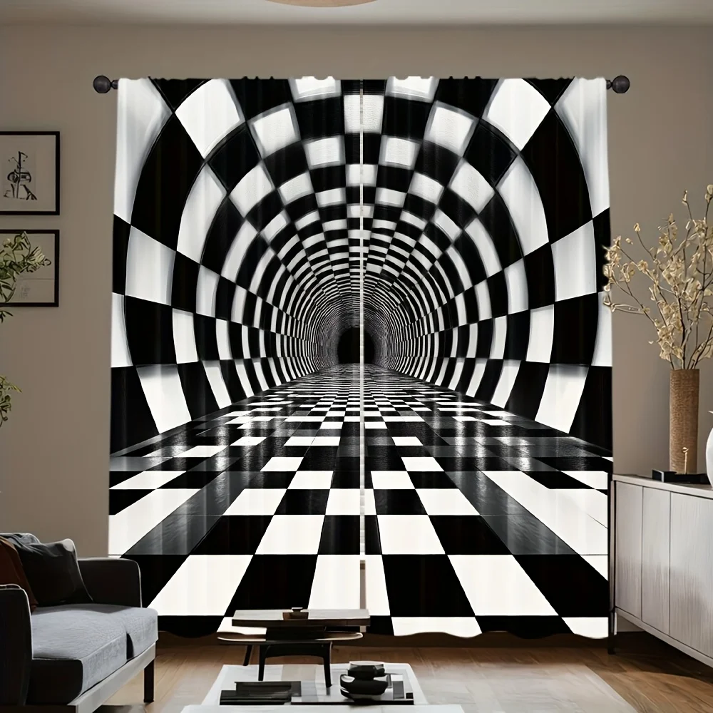 2 Panels 3D Optical Illusion Checkerboard Curtains Black White Tunnel Print Polyester Drapes for Living Room Bedroom Decor