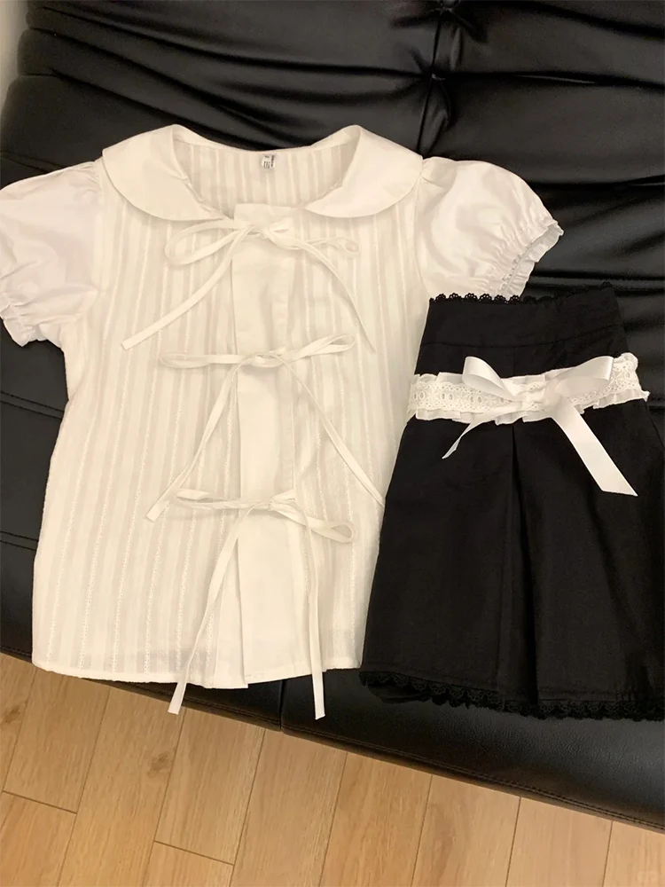 

Korean Sle White Doll Collar Bow Tie irt Summer New Slimming Versatile Faion ort Sve Top for Young Women