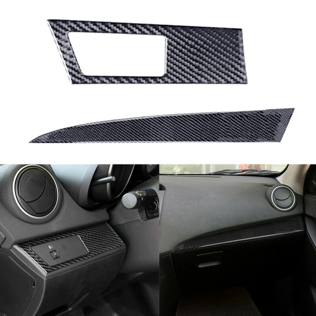 2Pcs Car Interior Dashboard Panel Covers Trims Frames Left Hand Drive Fit For Mazda 3 2010 2011 2012 2013 Black Carbon Fiber