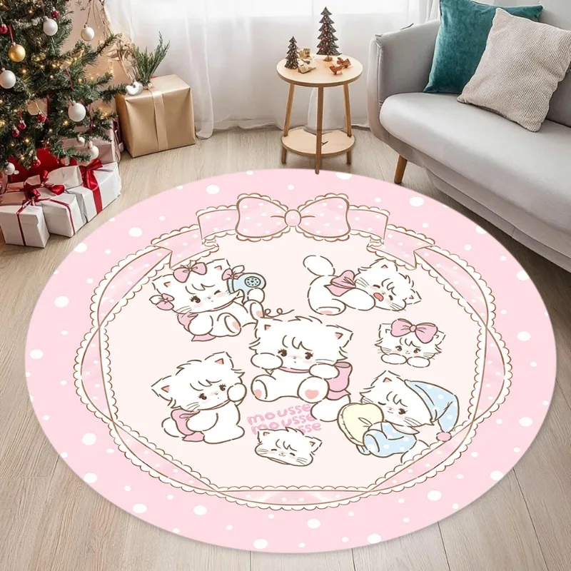 Round Pink Dot Cartoon Cat Carpet for Living Room Bedroom  Cute Cat Patterns Anti Slip Rug  Room Decor