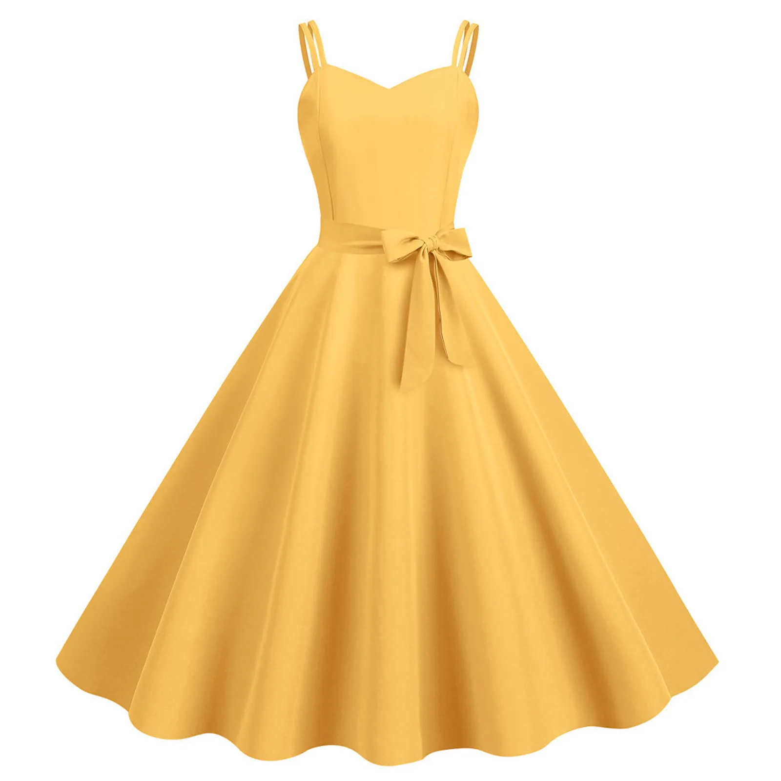 Vestido Midi com cinta de espaguete formal feminino, robe feminino, convidada do casamento, linha A, bainha grande, monocromático, nó de laço, zíper traseiro, vestido elegante