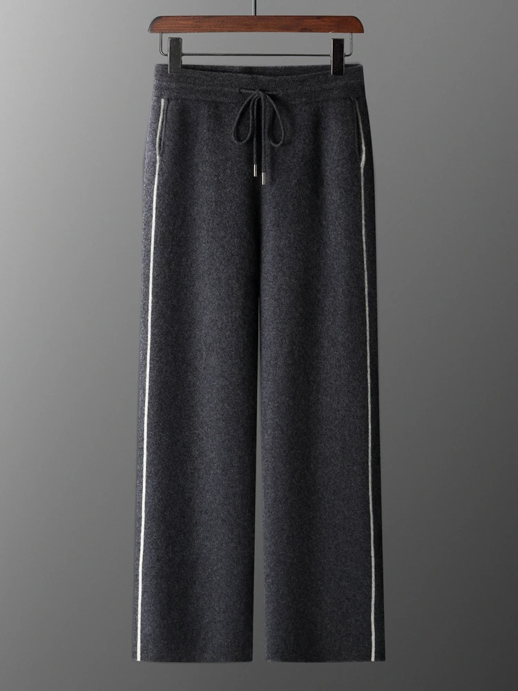 Chic Jacquard  Thick  Wide Leg Pants Men's Autumn Winter Elastic Waist 100% Cashmere Casual Knitted Pants High Quality Trousers