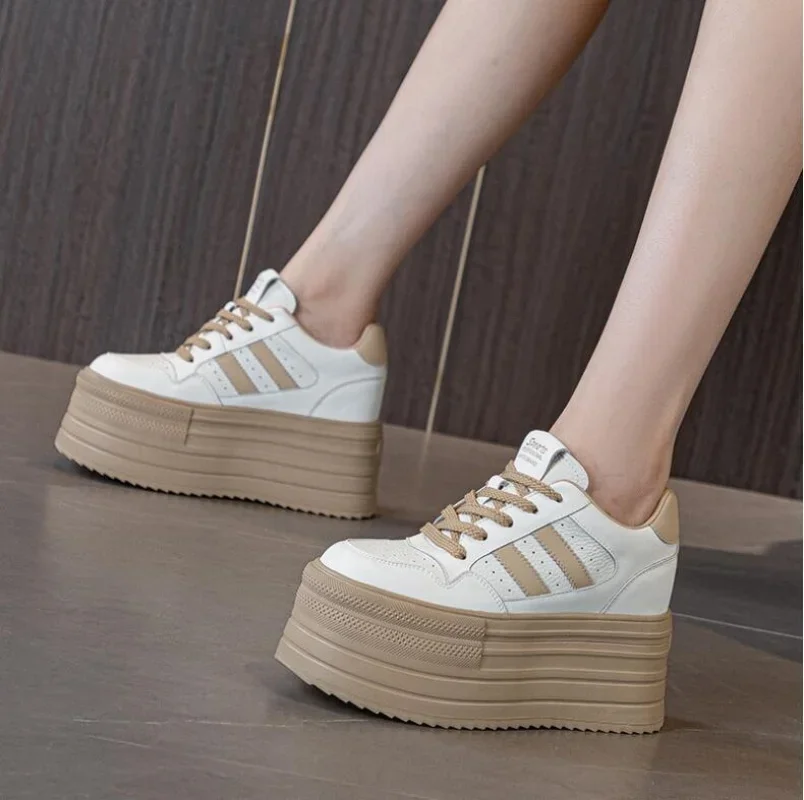 10cm Genuine Cow Leather Women Walking Vulcanized Shoes Platform Wedge Skate Boarding High Heels Casual Stable Jogging Sneakers