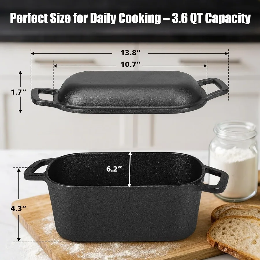 3.6QT Oval Dutch Oven for Bread Baking PreSeasoned Cast Iron Sourdough Bread Pan with Lid cast iron loaf pans for bread Even He