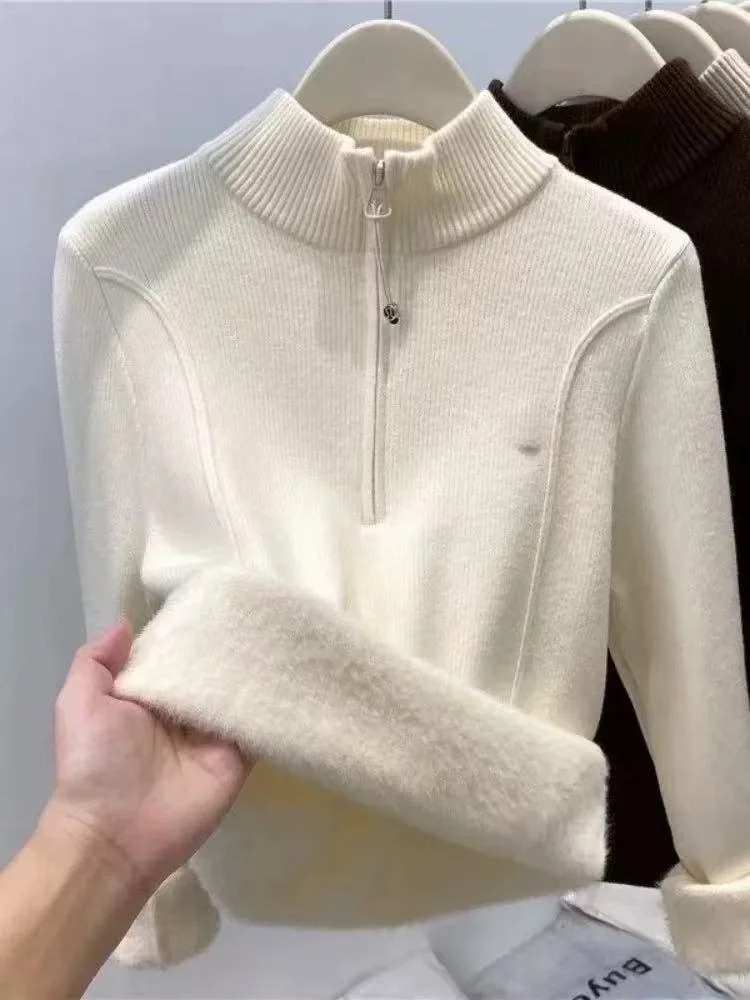 

Thickened Fleece Half Zipper Knitted Sweater Women's Spring Autumn Winter Warm Shoulder Length High Collar Inner Wear Top