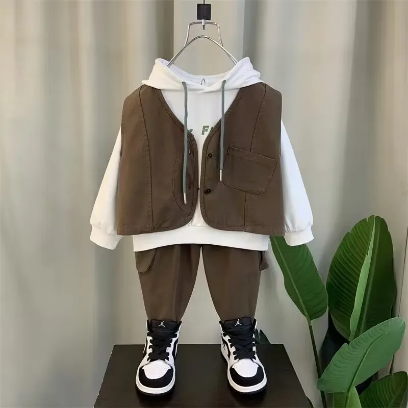 3 PCS Spring Autumn Boy Clothing set Casual Vest+Hoodies+ Pant Children korea Designer Clothes 2-9years