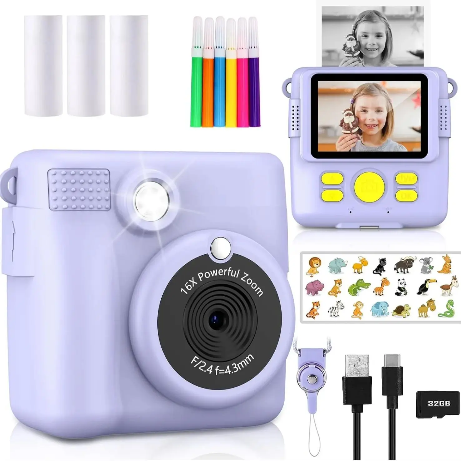 InstantPrint Camera for Kids Christmas Birthday Gifts forAge 3-12 Girls Boys 1080P HD Digital Video Cameras for Toddle 32GMemory