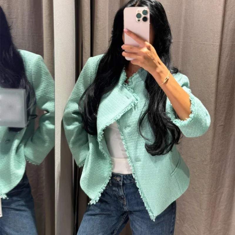 Fringed Raw Edge Cropped Jacket Stand Collar Single‑Breasted Pocket Design Long Sleeve Women Casual Short Outerwear 260901