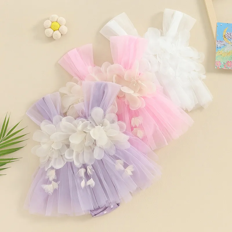 

Newborn Baby Girls Summer Bodysuit Dress Sleeveless 3D Flower Decor Tulle Patchwork Jumpsuit