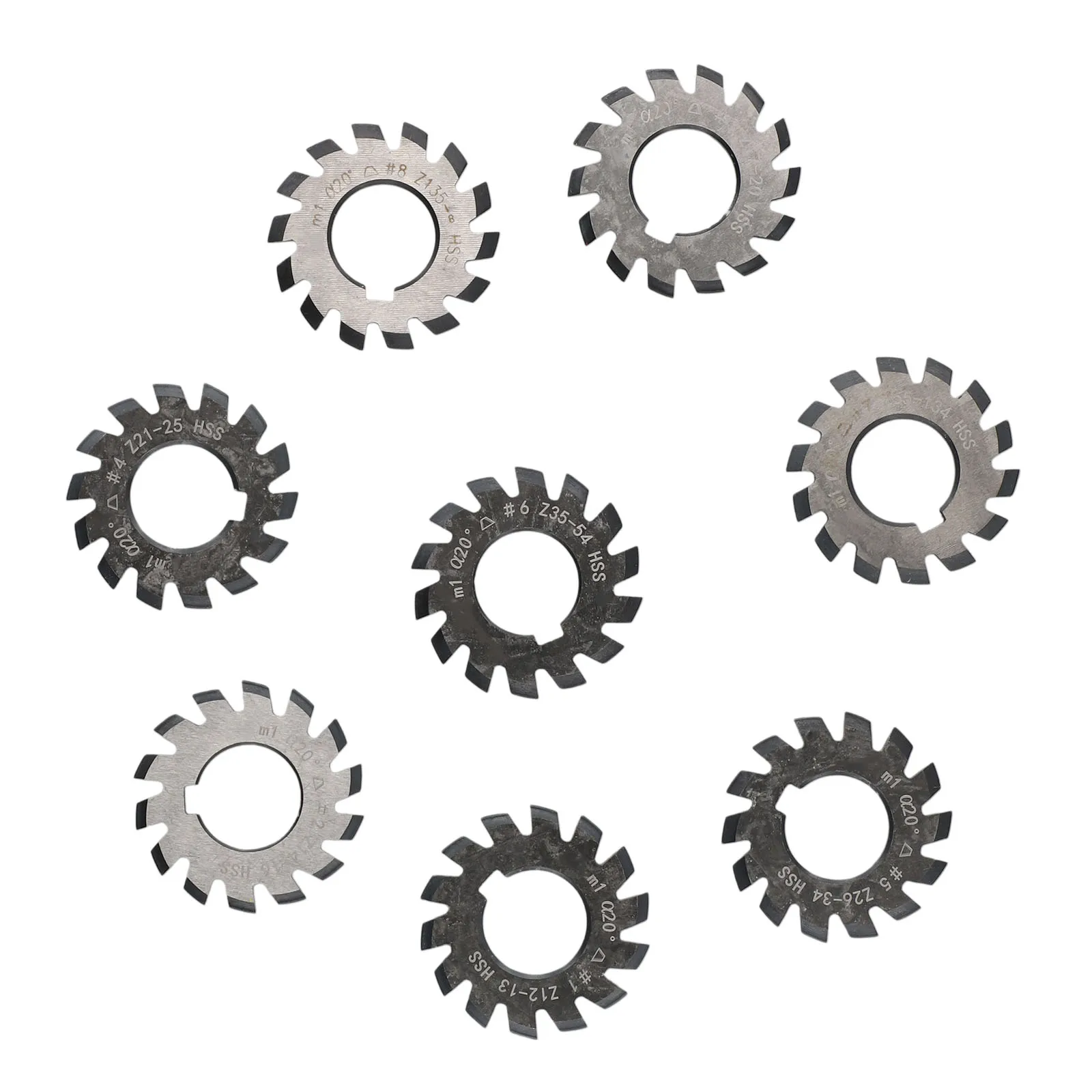 Set of HSS M1 Involute Gear Cutters (8pcs) for Various Mechanical Applications with a Pressure Angle of 20 Degrees